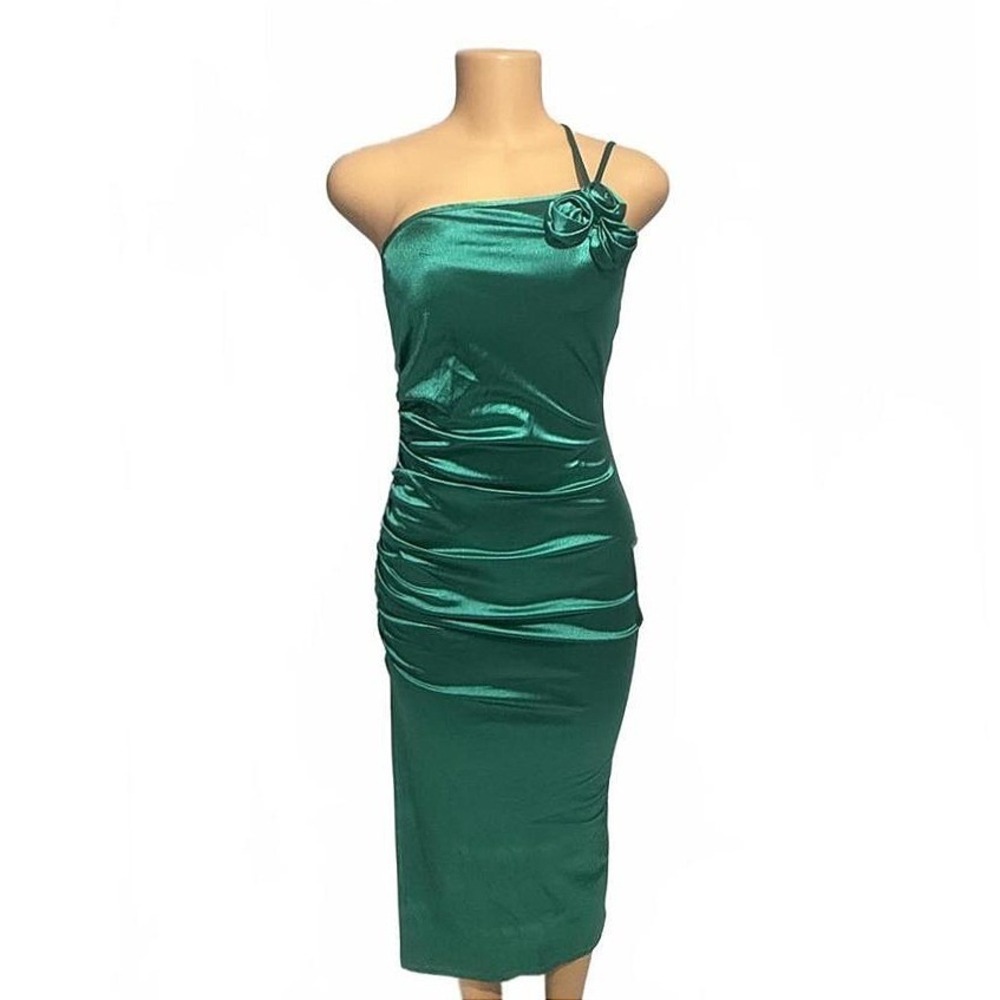 Speechless Emerald Green One Shoulder Ruched Bodycon Midi Dress Size Small